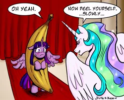 Size: 1254x1020 | Tagged: suggestive, artist:superkeen, derpibooru import, princess celestia, twilight sparkle, twilight sparkle (alicorn), alicorn, pony, princess molestia, banana, banana fetish, blushing, clothes, costume, female, lesbian, mare, nervous, shipping, sweat, twilestia