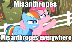 Size: 1205x713 | Tagged: bipedal, derpibooru import, duo, edit, edited screencap, fence, hoof around neck, image macro, meme, misanthrope, misanthropy, pinkie pie, rainbow dash, reaction image, safe, screencap, the super speedy cider squeezy 6000, x x everywhere