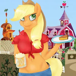 Size: 4000x4000 | Tagged: anthro, applejack, artist:lisa400, belly button, breasts, busty applejack, cider, derpibooru import, female, front knot midriff, midriff, pie, safe, solo, sweet apple acres