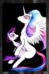 Size: 1200x1800 | Tagged: semi-grimdark, suggestive, artist:darkdoomer, derpibooru import, princess celestia, twilight sparkle, alicorn, pony, unicorn, princess molestia, black background, creepy, cuddling, duo, female, mare, marker drawing, missing cutie mark, rapeface, simple background, snuggling, stare, traditional art