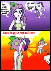 Size: 5000x7000 | Tagged: safe, artist:wickedsilly, derpibooru import, rarity, spike, anthro, absurd resolution, breasts, cleavage, clothes, comic, costume, female, male, nightmare night, shipping, sparity, straight