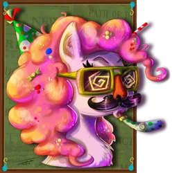 Size: 1785x1800 | Tagged: safe, artist:pimander1446, derpibooru import, pinkie pie, bust, chest fluff, glasses, groucho mask, hat, moustache, party hat, party horn, portrait, simple background, solo, transparent background