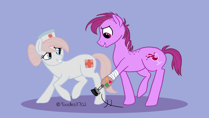 Size: 3600x2032 | Tagged: amputee, artist:toodles3702, bandage pony, bandy, blue background, duo, hard knocks, looking down, nurse redheart, prosthetic limb, prosthetics, raised hoof, raised leg, safe, simple background, smiling