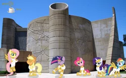 Size: 754x472 | Tagged: applejack, artist:wolfjava, building, derpibooru import, fluttershy, irl, mane six, mighty morphin power rangers, outdoors, outfit, photo, pinkie pie, ponies in real life, rainbow dash, rarity, reference, safe, twilight sparkle, vector