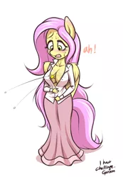 Size: 900x1300 | Tagged: anthro, artist:garam, blushing, breasts, busty fluttershy, button popping, cleavage, clothes, derpibooru import, dress, female, fluttershy, popped button, skirt, solo, solo female, suggestive, wardrobe malfunction