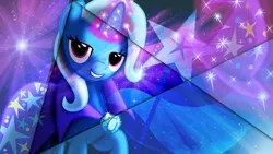 Size: 1920x1080 | Tagged: safe, artist:meteor-venture, artist:psyxofthoros, derpibooru import, trixie, pony, unicorn, bedroom eyes, cape, clothes, cutie mark, female, hat, magic, mare, solo, trixie's cape, trixie's hat, vector, wallpaper