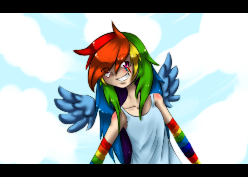 Size: 800x570 | Tagged: artist:leimy, derpibooru import, female, human, humanized, rainbow dash, safe, smiling, solo, winged humanization