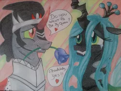 Size: 1024x768 | Tagged: artist:1mystickurakan1, blushing, chrysombra, couple, cute, cutealis, derpibooru import, diabetes, female, king sombra, male, queen chrysalis, rose, safe, shipping, sombradorable, straight, valentine