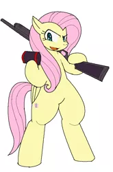 Size: 616x936 | Tagged: safe, artist:tetsutowa, derpibooru import, fluttershy, pony, bipedal, flutterbadass, gun, my battle pony, pixiv, shotgun, simple background, solo, weapon, white background