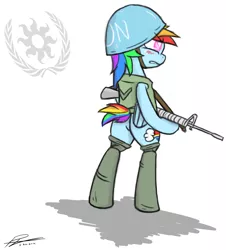 Size: 1280x1415 | Tagged: artist needed, safe, derpibooru import, rainbow dash, pegasus, pony, ask islamashy, bipedal, boots, female, gun, helmet, m16, mare, military, rifle, shoes, signature, simple background, solo, united nations, weapon, white background