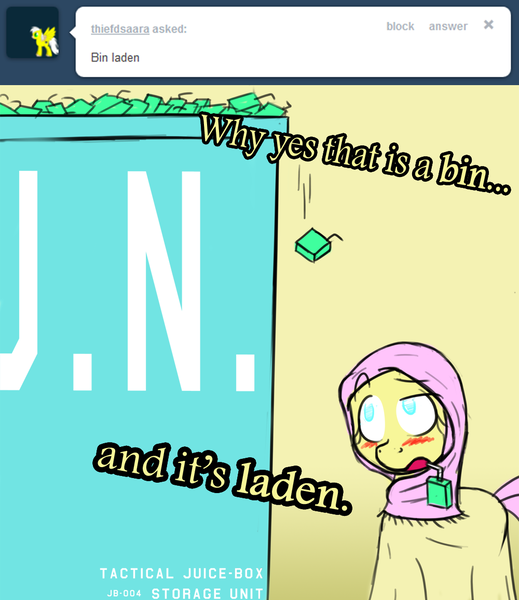 Size: 1000x1156 | Tagged: ask islamashy, bin, bin laden, blushing, box, fluttershy, hijab, islam, islamashy, juice, juice box, osama bin laden, pun, safe, solo, tumblr, visual pun