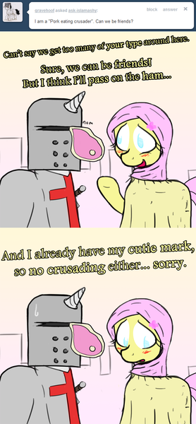 Size: 1000x2160 | Tagged: safe, derpibooru import, fluttershy, earth pony, pony, unicorn, ask islamashy, armor, blushing, christianity, clothes, cross, crusader, dialogue, fantasy class, female, frown, ham, helmet, hijab, islam, islamashy, knight, looking down, mare, meat, nervous, nom, open mouth, paladin, ponies eating meat, pork, smiling, sweatdrop, sword, text, tumblr, warrior, weapon