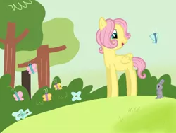Size: 1024x768 | Tagged: adorascotch, artist:flyonthewings, butterfly, butterscotch, colt, cute, derpibooru import, fluttershy, foal, rabbit, rule 63, rule63betes, safe, solo, tree, younger