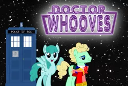 Size: 793x536 | Tagged: colin baker, derpibooru import, doctor whooves, safe, sixth doctor, spring melody, sprinkle medley, tardis, the explosion in a rainbow factory, time turner