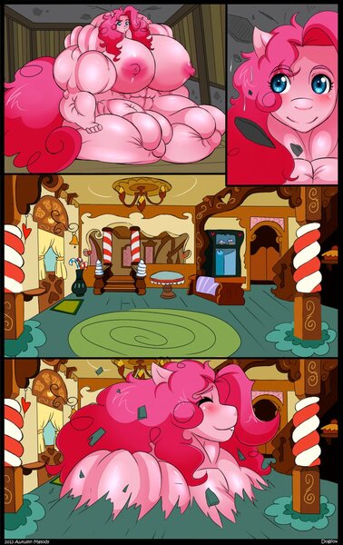 Size: 807x1280 | Tagged: anthro, artist:autumnmelody, blushing, breasts, busty pinkie pie, comic, comic:self-rising pinkie, derpibooru import, female, female muscle growth, giantess, growth, impossibly large, macro, muscles, nipples, nudity, overdeveloped muscles, pinkie pie, pinkie pump, questionable, sugarcube corner