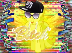 Size: 655x480 | Tagged: artist:notsofrequentuser, bad edit, cap, chickadee, derpibooru import, edit, glasses, golden, golden chain, hat, luster dust, maybach music group, mmg, ms. peachbottom, safe, solo, swag, unnecessary, vulgar, wings