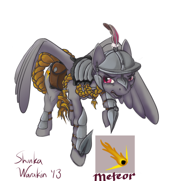 Size: 1044x982 | Tagged: safe, artist:shunka warakin, derpibooru import, oc, oc:meteor, unofficial characters only, pegasus, pony, angry, armor, dungeons and dragons, meteor, solo