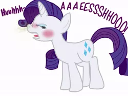 Size: 1024x768 | Tagged: safe, artist:rare-rarity-fan, derpibooru import, rarity, pony, unicorn, blushing, eyes closed, female, fetish, mare, mucous, open mouth, sick, simple background, sneezing, sneezing fetish, snot, solo, white background