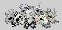 Size: 1250x622 | Tagged: safe, artist:shunka warakin, derpibooru import, oc, unofficial characters only, changeling, gryphon, timber wolf, zebra, ask, ask-the-mask, head, mask, masks, tumblr