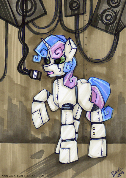 Size: 690x976 | Tagged: safe, artist:madblackie, derpibooru import, sweetie belle, pony, robot, robot pony, unicorn, eyes closed, female, hooves, horn, microphone, open mouth, singing, solo, species swap, sweetie bot, traditional art