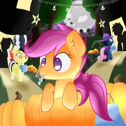 Size: 3240x3240 | Tagged: apple bloom, artist:futaku, bat, bride of frankenstein, clothes, costume, cutie mark crusaders, derpibooru import, gravestone, mare do well, moon, princess luna, pumpkin, safe, scootaloo, spider, sweetie belle