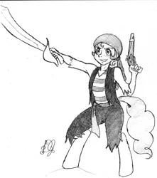 Size: 709x801 | Tagged: artist:dj-black-n-white, clothes, costume, derpibooru import, flintlock, monochrome, oc, oc:pogo, offspring, parent:pinkie pie, pirate, safe, satyr, solo, sword, unofficial characters only