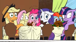 Size: 1024x568 | Tagged: safe, artist:andypriceart, derpibooru import, edit, applejack, derpy hooves, fluttershy, pinkie pie, rainbow dash, rarity, twilight sparkle, earth pony, pegasus, pony, turkey, unicorn, caught, cooked, dead, eating, female, food, ham, mane six, mare, meat, ponies eating meat, recolor, table, wide eyes