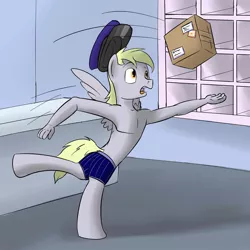 Size: 1280x1280 | Tagged: anthro, artist:fuzebox, bare chest, boxers, clothes, derpibooru import, derpy hooves, dopey hooves, hat, male, package, post office, rule 63, solo, solo male, suggestive, topless, underwear, unguligrade anthro