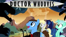 Size: 934x528 | Tagged: safe, derpibooru import, derpy hooves, doctor whooves, lyra heartstrings, time turner, oc, pegasus, pony, dinosaurs, female, mare, ninth doctor, title card