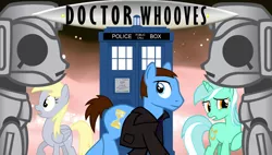 Size: 912x518 | Tagged: safe, artist:fedora, derpibooru import, derpy hooves, doctor whooves, lyra heartstrings, time turner, ponified, cyberman, cyborg, pegasus, pony, crossover, doctor who, female, mare, ninth doctor, tardis, title card