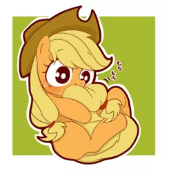 Size: 636x648 | Tagged: safe, artist:umeguru, derpibooru import, applejack, earth pony, pony, blushing, cowboy hat, cute, female, hat, jackabetes, japanese, mare, nom, silly, silly pony, solo, stetson, tail hug, weapons-grade cute, who's a silly pony