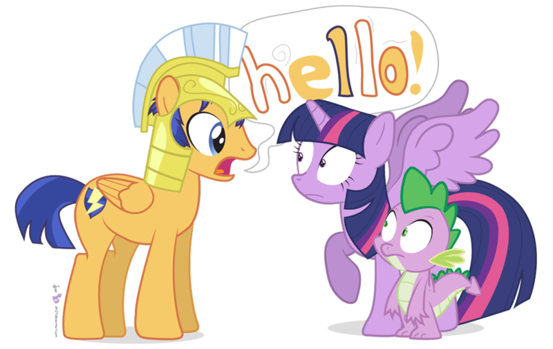 Size: 1140x720 | Tagged: safe, artist:dm29, derpibooru import, idw, flash sentry, spike, twilight sparkle, twilight sparkle (alicorn), alicorn, dragon, pegasus, pony, backwards cutie mark, confused, eye contact, female, flashlight, frown, hello, looking at each other, male, mare, meme, raised hoof, screaming armor, screaming sentry, shipping, simple background, smooth, speech bubble, spread wings, stallion, straight, transparent background, trio, wide eyes, wings