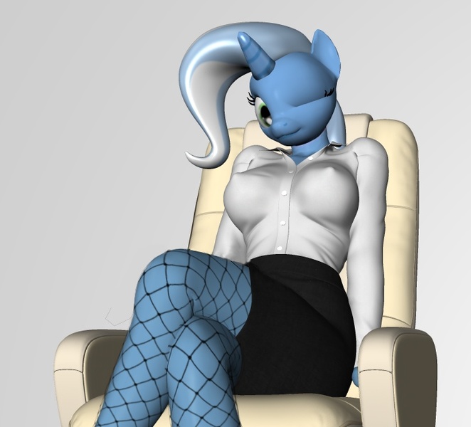 Size: 738x669 | Tagged: 3d, anthro, artist:parsnip3d, breasts, businessmare, busty trixie, chair, derpibooru import, erect nipples, female, fishnets, nipples, poser, recliner, solo, solo female, suggestive, trixie, wink