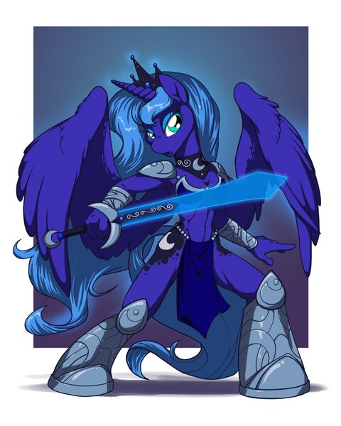 Size: 1024x1280 | Tagged: safe, artist:lizardbeth, derpibooru import, princess luna, anthro, armor, solo, sword, unconvincing armor, warrior luna, weapon