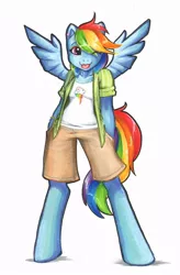 Size: 592x900 | Tagged: anthro, artist:kamicheetah, artist:lizardbeth, bipedal, clothes, rainbow dash, safe, shorts, solo, unguligrade anthro, wink