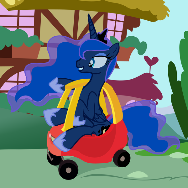 Size: 4320x4320 | Tagged: safe, artist:beavernator, derpibooru import, princess luna, alicorn, pony, absurd resolution, cozy coupe, crown, female, hoof shoes, jewelry, mare, regalia, sitting, smiling, solo, toy car