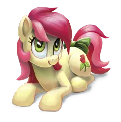 Size: 1861x1865 | Tagged: safe, artist:kaermter, derpibooru import, roseluck, earth pony, pony, bow, cute, cuteluck, cutie mark, female, hooves, lineless, mare, prone, scrunchy face, simple background, smiling, solo, tail bow, transparent background