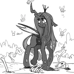 Size: 800x800 | Tagged: safe, artist:kevinsano, derpibooru import, queen chrysalis, changeling, changeling queen, parasprite, bone, cute, cutealis, dead, female, grayscale, horse skull, monochrome, simple background, sketch, skull, white background