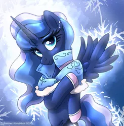 Size: 1980x2020 | Tagged: artist:joakaha, clothes, derpibooru import, princess luna, safe, snow, snowflake, solo