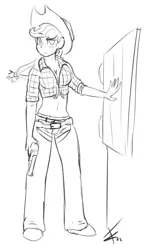 Size: 1185x1882 | Tagged: applejack, artist:crade, belly button, clothes, derpibooru import, door, front knot midriff, grayscale, gun, human, humanized, lineart, midriff, monochrome, pants, safe, solo, weapon, western