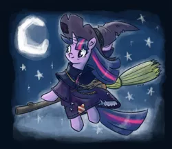 Size: 1100x951 | Tagged: artist:king-kakapo, broom, clothes, crescent moon, derpibooru import, flying, flying broomstick, hat, moon, night, night sky, safe, sitting, smiling, solo, stars, twilight sparkle, witch, witch hat