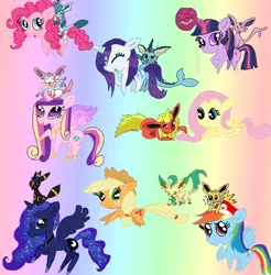 Size: 1024x1039 | Tagged: applejack, artist:princessofdestiny114, crossover, derpibooru import, eeveelutions, espeon, flareon, fluttershy, jolteon, leafeon, mane six, ninfia, nymphia, pinkie pie, pokémon, pokémon x and y, princess cadance, princess luna, rainbow dash, rarity, safe, sylveon, twilight sparkle, umbreon, vaporeon