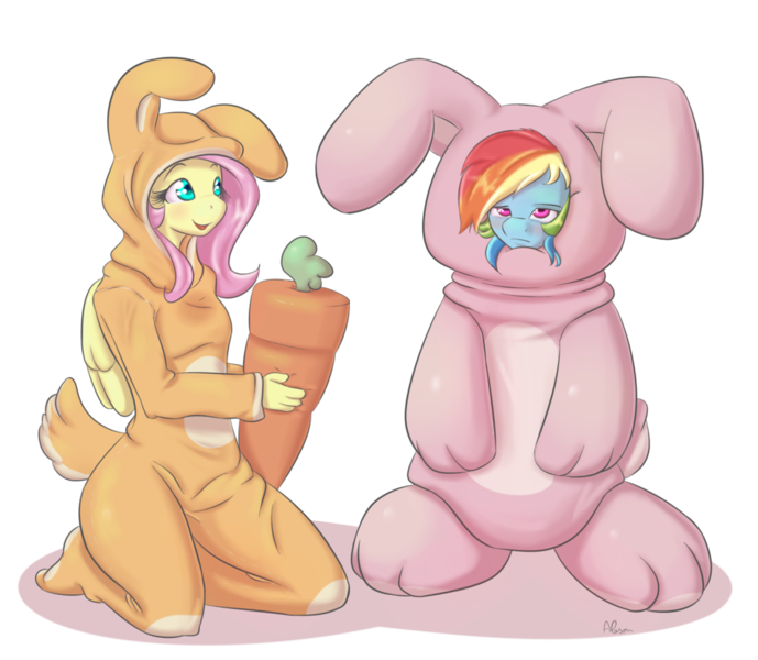 Size: 958x834 | Tagged: anthro, artist:alasou, bunny costume, bunny pajamas, bunnyshy, carrot, clothes, derpibooru import, fluttershy, fursuit, rabbit, rainbow dash, safe, simple background, transparent background