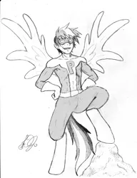 Size: 692x901 | Tagged: artist:dj-black-n-white, derpibooru import, monochrome, oc, oc:icarus, offspring, parent:rainbow dash, safe, satyr, solo, superhero, unofficial characters only