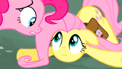 Size: 960x540 | Tagged: animated, assertive, derpibooru import, doormat, fluttershy, pinkie pie, poking, putting your hoof down, saddle bag, safe, scowl, screencap