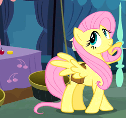 Size: 535x500 | Tagged: animated, animation error, bits, caboose, cherry, coin, cute, derpibooru import, flapping, flirting, fluttering, fluttershy, grin, hat, open mouth, putting your hoof down, saddle bag, safe, screencap, shyabetes, smiling, spread wings