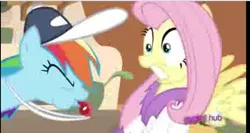 Size: 913x487 | Tagged: safe, derpibooru import, screencap, fluttershy, rainbow dash, hurricane fluttershy, bathrobe, blowing, blowing whistle, clothes, hat, hubble, hub logo, lowres, needs more jpeg, puffy cheeks, rainbow dashs coaching whistle, robe, scared, shocked, whistle