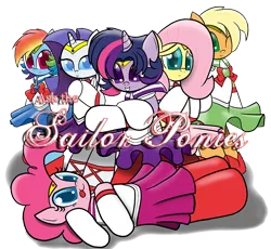 Size: 800x735 | Tagged: applejack, artist:sailormod, derpibooru import, fluttershy, mane six, pinkie pie, rainbow dash, rarity, safe, sailor kindness, sailor laughter, sailor loyalty, sailor magic, sailor moon, sailor ponies, simple background, transparent background, twilight sparkle