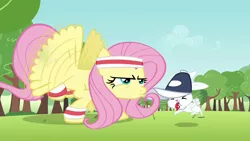 Size: 1280x720 | Tagged: safe, derpibooru import, screencap, angel bunny, fluttershy, pegasus, pony, rabbit, hurricane fluttershy, blowing, buzzing wings, coach, duo, female, hat, headband, male, mare, puffy cheeks, sports, training, whistle, wristband