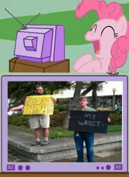 Size: 563x770 | Tagged: derpibooru import, exploitable meme, funny signs, human, laughing, meme, obligatory pony, pinkie pie, protest, protest highjacked, safe, tv meme